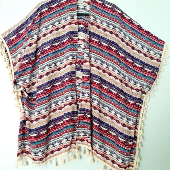 KISMET Light Boho Colorful Patterned Kimono Poncho Fringe Trim Southwestern OS - Picture 13 of 13